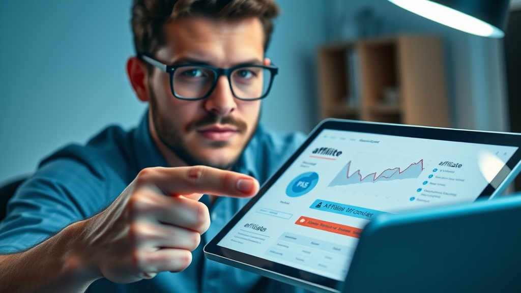 Focused content creator integrating affiliate links for affiliate marketing affiliate campaigns, dashboard and tablet in use, blue hues