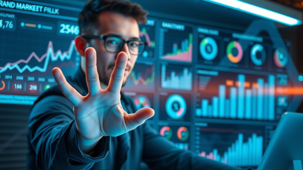Innovative marketer using analytics dashboard for affiliate marketing strategies and link management in a high-tech workspace