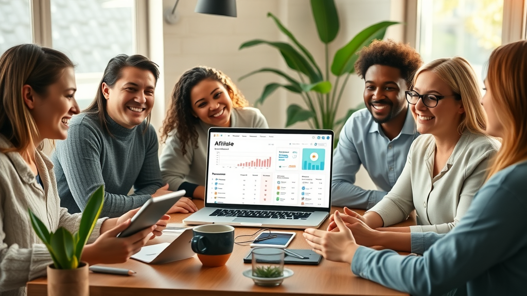 diverse group of beginners collaborating around affiliate dashboards in a creative workspace - Affiliate Marketing for Beginners