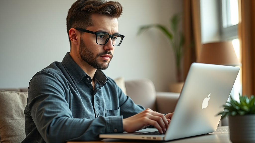 Sophisticated affiliate marketer launching a native ad campaign for paid traffic for affiliates in a modern home office.