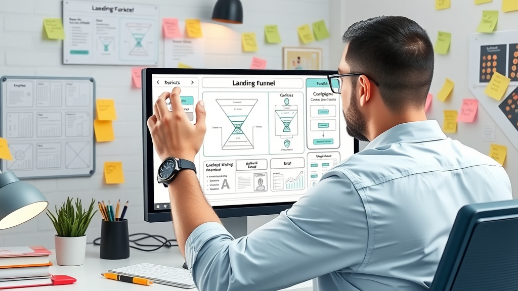 Modern landing page optimization for paid traffic for affiliates, affiliate marketer adjusting conversion funnel diagrams in a creative workspace.