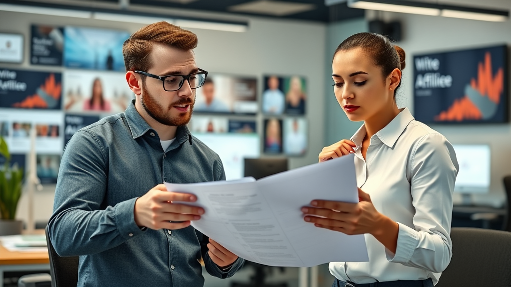 engaged digital marketers collaborating on content marketing for affiliates strategy in modern office with affiliate sales visuals