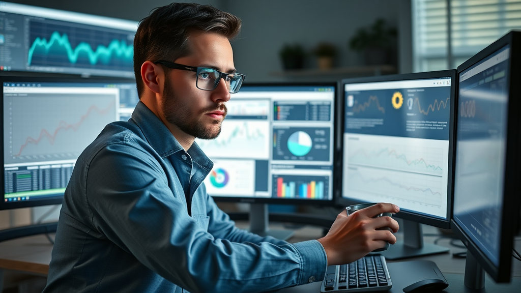meticulous researcher affiliate marketer comparing affiliate network dashboards and product charts - Start Affiliate Marketing No Audience