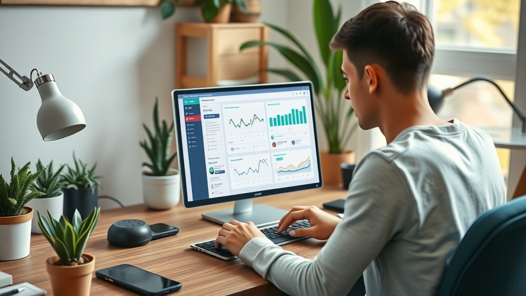 Young digital marketer at home office researching affiliate marketing basics on laptop