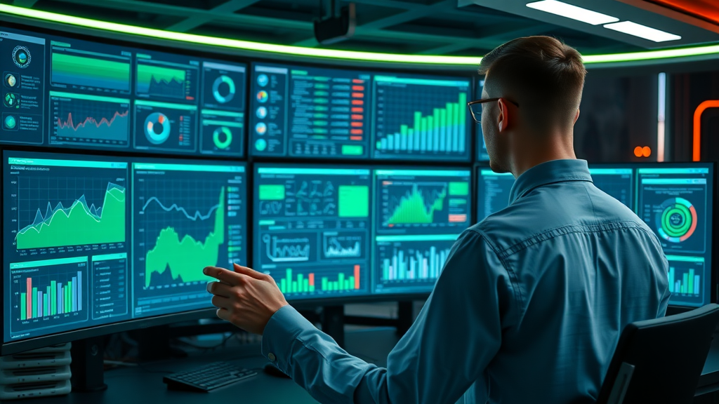 Advanced analytics dashboard for paid traffic for affiliates, marketer reviewing interactive graphs and charts in a tech workspace.