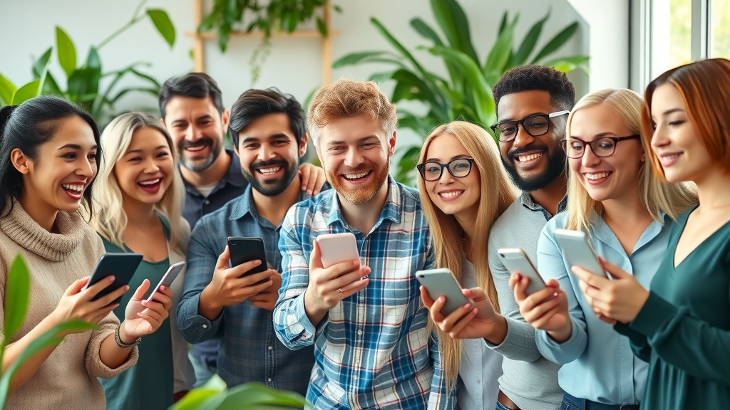 Diverse group of digital creators marketing Amazon affiliate products through social media, vibrant coworking space with smartphones and creative energy