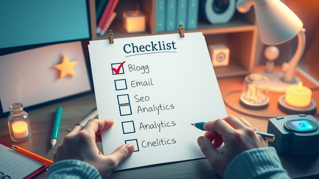 affiliate marketing without followers - visual checklist scene with icons for blogging, email, SEO, and analytics