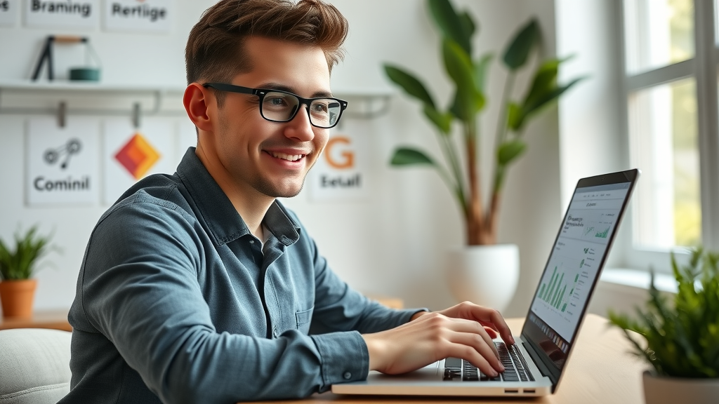 Young professional learning how to start affiliate marketing with no followers, affiliate marketing dashboard, home office, greenery, branding elements