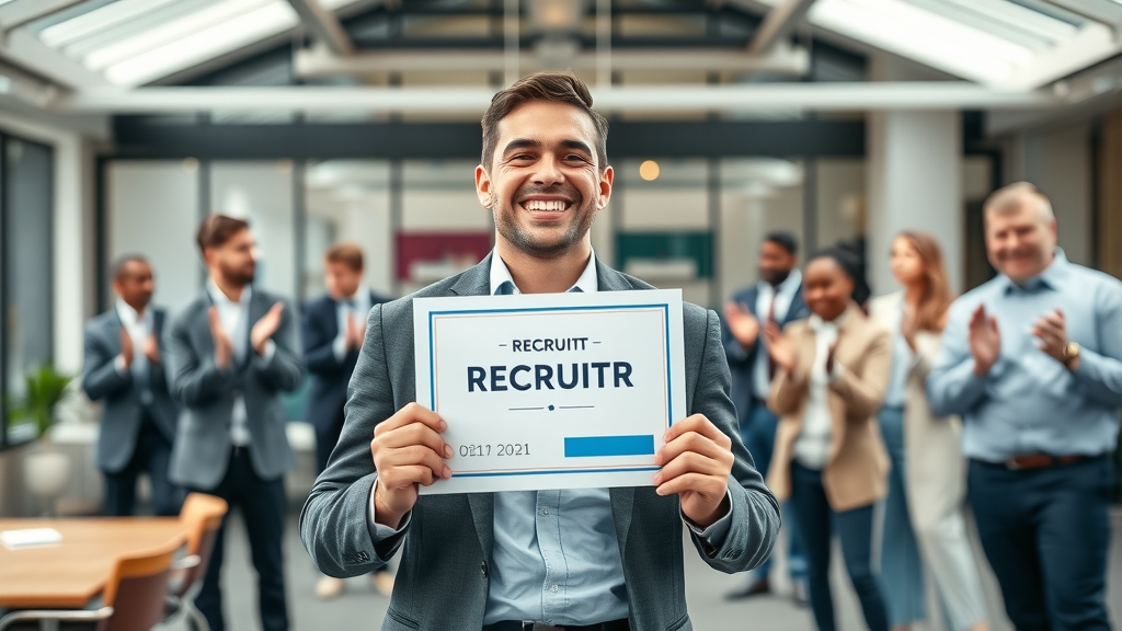 Triumphant recruiter awarded for high-earning recruiter job in modern United States office